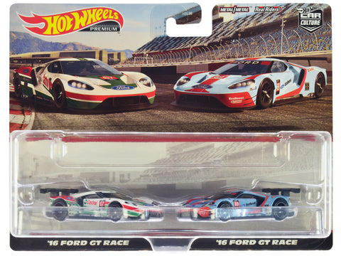 2016 Ford GT Race #67 White with Green and Red Stripes and 2016 Ford GT Race #69 Light Blue Metallic with Orange Stripes "Car Culture" Set of 2 Cars Diecast Model Cars by Hot Wheels