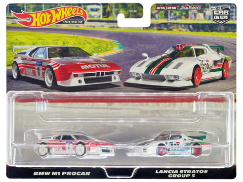 BMW M1 Procar #8 White with Red Stripes and Lancia Stratos Group 5 #829 White with Stripes "Car Culture" Set of 2 Cars Diecast Model Cars by Hot Wheels