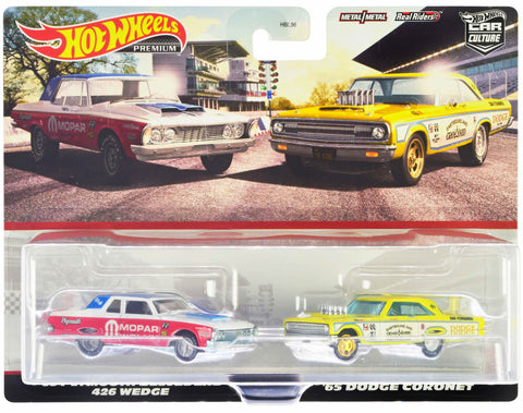 1963 Plymouth Belvedere 426 Wedge "MOPAR" White and Red with Blue Top and 1965 Dodge Coronet "Eastbound and Crowned" Yellow and White "Car Culture" Set of 2 Cars Diecast Model Cars by Hot Wheels