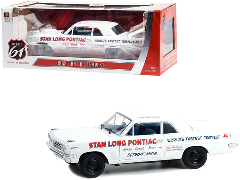 1963 Pontiac Tempest White with Blue Interior "Stan Long Pontiac Detroit Michigan - World's Fastest Tempest" Driven by Stan Antlocer 1/18 Diecast Model Car by Highway 61