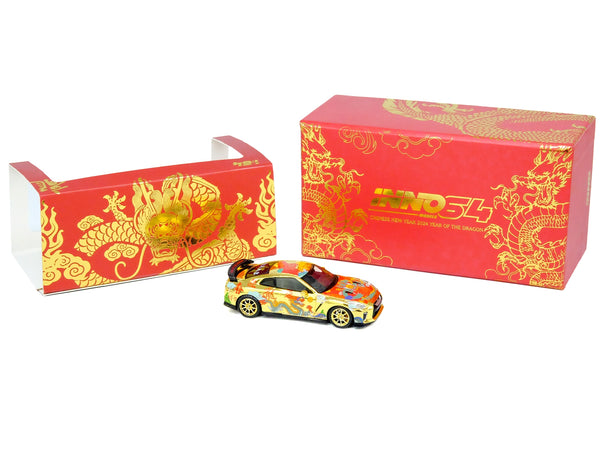 Nissan GT-R (R35) RHD (Right Hand Drive) Gold Metallic with Graphics "Year of the Dragon - 2024 Chinese New Year Special Edition" 1/64 Diecast Model Car by Inno Models