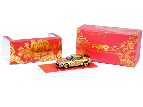 Nissan GT-R (R35) RHD (Right Hand Drive) Gold Metallic with Graphics "Year of the Dragon - 2024 Chinese New Year Special Edition" 1/64 Diecast Model Car by Inno Models