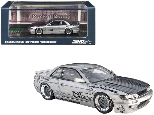 Nissan Silvia S13 (V1) RHD (Right Hand Drive) Silver Metallic with Carbon Hood "Pandem/Rocket Bunny" 1/64 Diecast Model Car by Inno Models