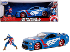 2006 Ford Mustang GT with Captain America Diecast Figurine "Avengers" "Marvel" Series 1/24 Diecast Model Car by Jada