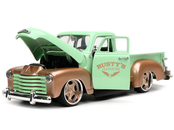 1953 Chevrolet 3100 Pickup Truck Light Green and Gold Metallic "Rusty's Garage" with Extra Wheels "Just Trucks" Series 1/24 Diecast Model Car by Jada