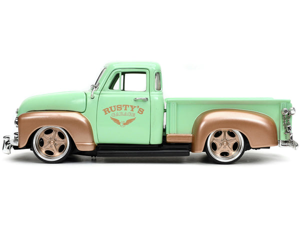 1953 Chevrolet 3100 Pickup Truck Light Green and Gold Metallic "Rusty's Garage" with Extra Wheels "Just Trucks" Series 1/24 Diecast Model Car by Jada