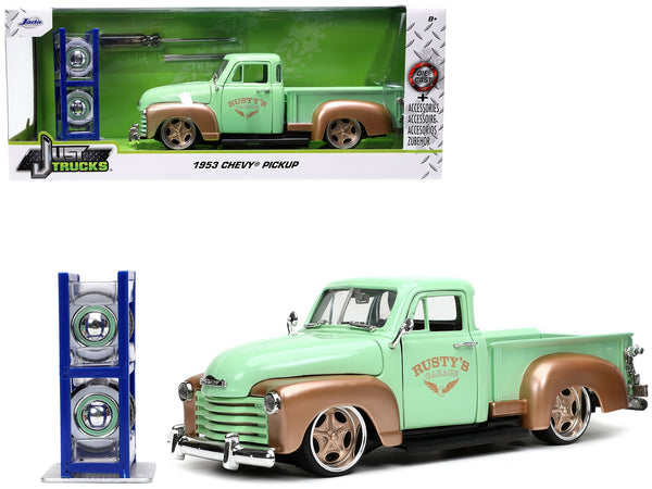 1953 Chevrolet 3100 Pickup Truck Light Green and Gold Metallic "Rusty's Garage" with Extra Wheels "Just Trucks" Series 1/24 Diecast Model Car by Jada