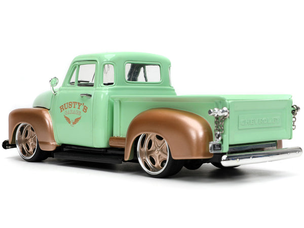 1953 Chevrolet 3100 Pickup Truck Light Green and Gold Metallic "Rusty's Garage" with Extra Wheels "Just Trucks" Series 1/24 Diecast Model Car by Jada