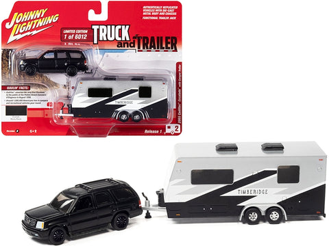 2005 Cadillac Escalade Matt Black with Camper Trailer Limited Edition to 6012 pieces Worldwide "Truck and Trailer" Series 1/64 Diecast Model Car by Johnny Lightning