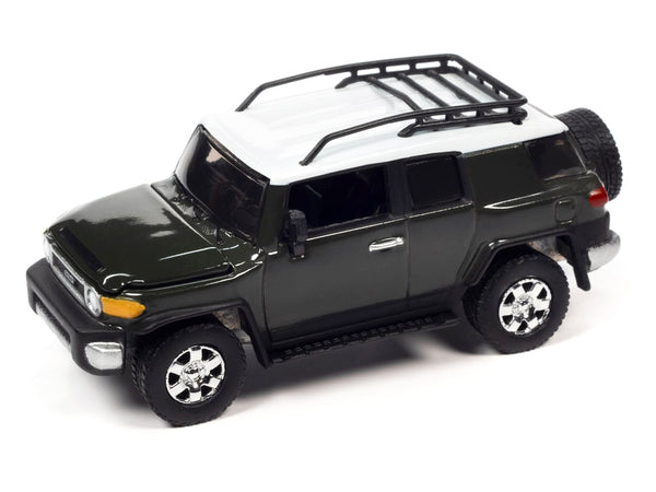 2010 Toyota FJ Cruiser Dark Green with White Top and Roof Rack with Camping Trailer Limited Edition to 7360 pieces Worldwide "Tow & Go" Series 1/64 Diecast Model Car by Johnny Lightning