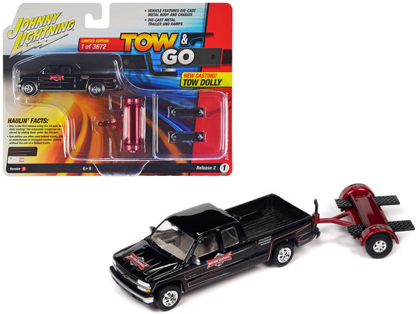 2002 Chevrolet Silverado Pickup Truck Black with Graphics "Hot Rod Customs" and Tow Dolly Red "Tow & Go" Series Limited Edition to 3672 pieces Worldwide 1/64 Diecast Model Car by Johnny Lightning