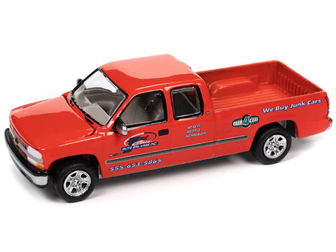 2002 Chevrolet Silverado Pickup Truck Red "Auto Salvage Inc." and Tow Dolly Black "Tow & Go" Series Limited Edition to 3672 pieces Worldwide 1/64 Diecast Model Car by Johnny Lightning