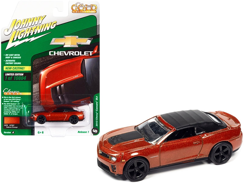 2013 Chevrolet Camaro ZL1 Convertible (Top Up) Inferno Orange Metallic with Black Top "Classic Gold Collection" Series Limited Edition to 10884 pieces Worldwide 1/64 Diecast Model Car by Johnny Lightning