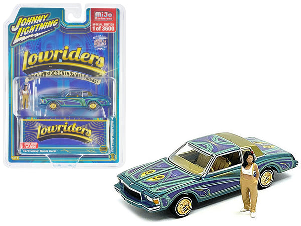 1978 Chevrolet Monte Carlo Lowrider Blue Metallic with Graphics and Gold Metallic Interior with Diecast Figure Limited Edition to 3600 pieces Worldwide 1/64 Diecast Model Car by Johnny Lightning