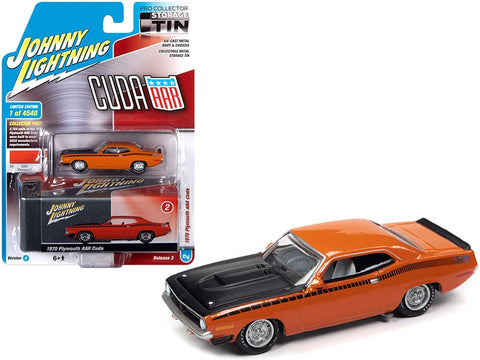1970 Plymouth AAR Barracuda Vitamin C Orange with Black Stripes and Hood and Collector Tin Limited Edition to 4540 pieces Worldwide 1/64 Diecast Model Car by Johnny Lightning