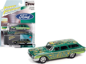 1960 Ford Country Squire "Rat Fink" Kustom Green and Teal with Graphics and Collector Tin Limited Edition to 6020 pieces Worldwide 1/64 Diecast Model Car by Johnny Lightning