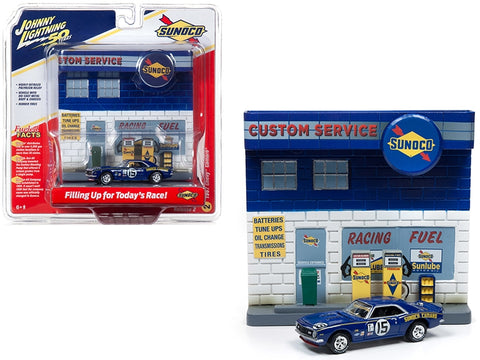 1967 Chevrolet Camaro #15 "Sunoco" with "Sunoco" Exterior Service Gas Station Facade Diorama Set "Johnny Lightning 50th Anniversary" 1/64 Diecast Model Car by Johnny Lightning