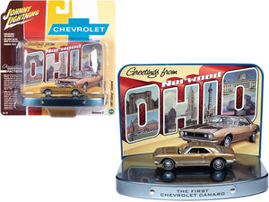 1967 Chevrolet Camaro Gold with Gold Interior with Collectible Tin Display "The First Chevrolet Camaro" "Greetings from Norwood - Birth Place of the Camaro" 1/64 Diecast Model Car by Johnny Lightning