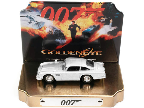 Aston Martin DB5 RHD (Right Hand Drive) Silver Metallic 007 (James Bond) "GoldenEye" (1995) Movie with Collectible Tin Display "Silver Screen Machines" Series 1/64 Diecast Model Car by Johnny Lightning