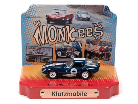 Shelby Cobra Daytona "Klutzmobile" Blue Metallic with White Stripes "The Monkees" with Collectible Tin Display "Silver Screen Machines" Series 1/64 Diecast Model Car by Johnny Lightning