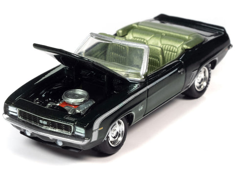 1969 Chevrolet Camaro RS/SS Convertible Fathom Green Metallic with White Stripes and Light Green Interior Limited Edition to 2524 pieces Worldwide "OK Used Cars" 2023 Series 1/64 Diecast Model Car by Johnny Lightning
