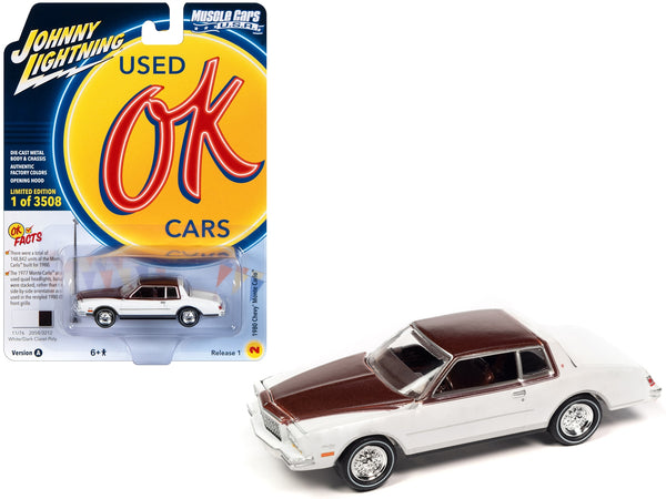 1980 Chevrolet Monte Carlo White and Dark Claret Brown Metallic Top and Hood Limited Edition to 3508 pieces Worldwide "OK Used Cars" 2023 Series 1/64 Diecast Model Car by Johnny Lightning