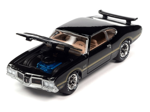 1972 Oldsmobile 442 W-30 Ebony Black with Gold Metallic Stripes Limited Edition to 2620 pieces Worldwide "OK Used Cars" 2023 Series 1/64 Diecast Model Car by Johnny Lightning