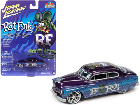 1949 Mercury Coupe Custom Purple Metallic with Graphics "Rat Fink" "Pop Culture" 2022 Release 1 1/64 Diecast Model Car by Johnny Lightning