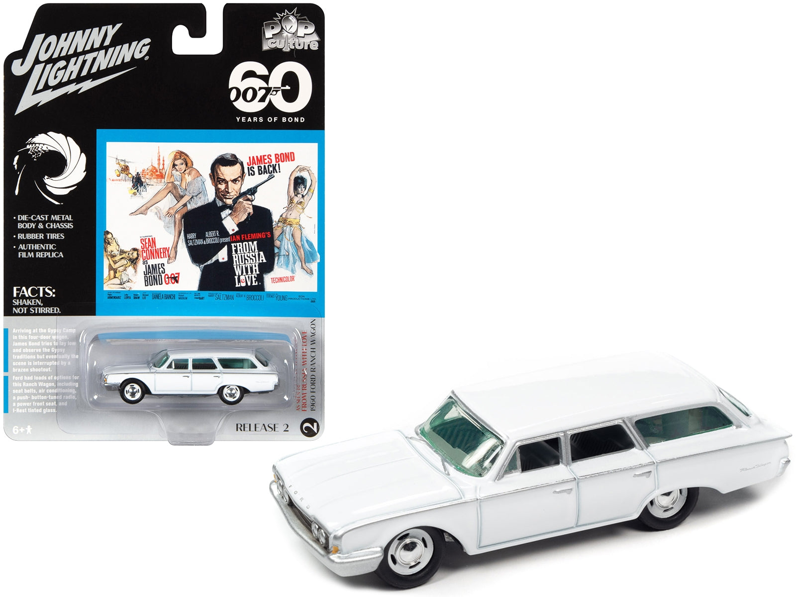 1960 Ford Ranch Wagon White 007 James Bond "From Russia With Love" (1963) Movie "Pop Culture" 2022 Release 2 1/64 Diecast Model Car by Johnny Lightning