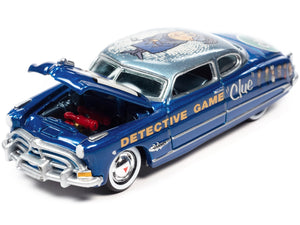 1951 Hudson Hornet Blue Metallic "Vintage Clue Mrs. Peacock" with Poker Chip Collector's Token "Pop Culture" 2022 Release 3 1/64 Diecast Model Car by Johnny Lightning