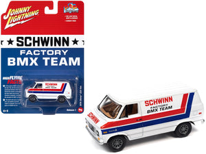 1976 Chevrolet G20 Van White with Stripes "Schwinn Factory BMX Team" "Pop Culture" 2023 Release 1 1/64 Diecast Model Car by Johnny Lightning