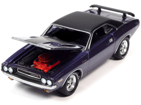 1970 Dodge Challenger R/T Plum Crazy Purple Metallic with Black Top and Hood "USPS (United States Postal Service)" "Pop Culture" 2023 Release 2 1/64 Diecast Model Car by Johnny Lightning