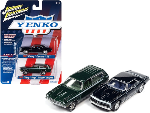 1967 Chevrolet Camaro SS Royal Plum Metallic and 1972 Chevrolet Vega Stinger Wagon Dark Green Metallic "YENKO" Set of 2 Cars 1/64 Diecast Model Cars by Johnny Lightning