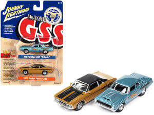 1964 Dodge 330 "Mr. Norm - Grand Spaulding Dodge" Blue Metallic and 1971 Dodge Demon GSS Butterscotch Orange with Black Top and Stripes "Mr. Norm GSS" Series Set of 2 Cars 1/64 Diecast Model Cars by Johnny Lightning