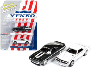 1969 Chevrolet Camaro Fathom Green Metallic with White Stripes and 1967 Chevrolet Camaro White with Black Nose Stripe "Yenko" Series Set of 2 Cars 1/64 Diecast Model Cars by Johnny Lightning