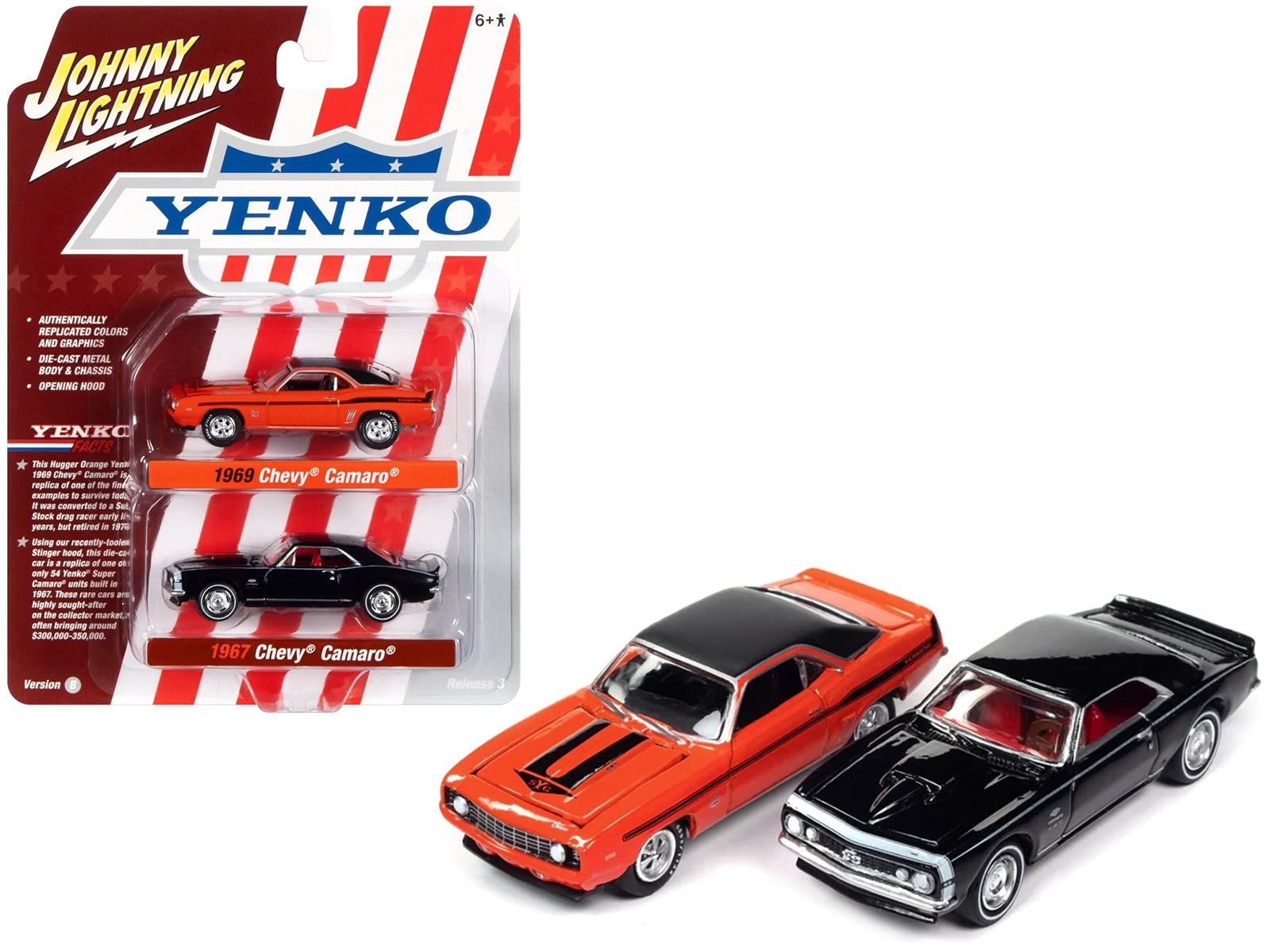 1969 Chevrolet Camaro Hugger Orange with Black Top and Stripes and 1967 Chevrolet Camaro Black with White Stripe and Red Interior "Yenko" Series Set of 2 Cars 1/64 Diecast Model Cars by Johnny Lightning