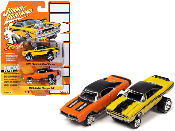 1970 Plymouth Road Runner Yellow with Black Gator Top and Black Stripes and 1969 Dodge Charger R/T HEMI Orange with Black Top and Tail Stripe "Zingers!" Set of 2 Cars "2-Packs" 2023 Release 1 1/64 Diecast Model Cars by Johnny Lightning