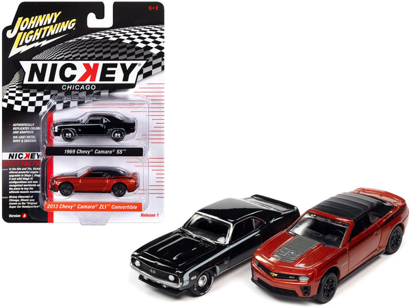 1969 Chevrolet Camaro SS Black with White Stripes and 2013 Chevrolet Camaro ZL1 Convertible Inferno Orange Metallic with Black Top and Stripes "Nickey Chicago" Set of 2 Cars "2-Packs" 2023 Release 1 1/64 Diecast Model Cars by Johnny Lightning