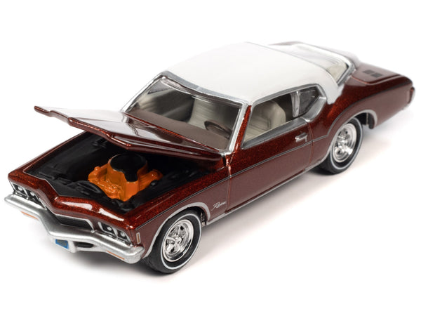 1976 Oldsmobile Cutlass Supreme Dark Blue Metallic with White Top & Interior & 1972 Buick Riviera Burnish Bronze Metallic with White Top & Interior "Super Seventies" Set of 2 Cars "2-Packs" 2023 Release 2 1/64 Diecast Model Cars by Johnny Lightning