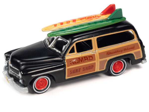 1950 Mercury Woody Wagon Matt Black w/ Wood Panels "Nomad Surf Shop" & 1959 Cadillac Ambulance Teal w/ Surf Shark Graphics & White Top Rusted "Malibu Beach Rescue" "Surf Rods" Set 2 Cars 2-Packs 2023 Release 2 1/64 Diecast Models by Johnny Lightning