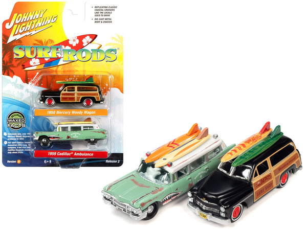 1950 Mercury Woody Wagon Matt Black w/ Wood Panels "Nomad Surf Shop" & 1959 Cadillac Ambulance Teal w/ Surf Shark Graphics & White Top Rusted "Malibu Beach Rescue" "Surf Rods" Set 2 Cars 2-Packs 2023 Release 2 1/64 Diecast Models by Johnny Lightning