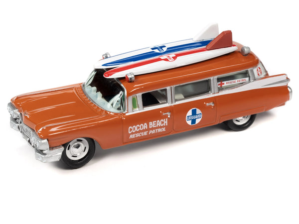 1950 Mercury Woody Wagon Dakota Gray with Wood Panels & Surfboards on Roof & 1959 Cadillac Ambulance Dull Red w/ Surfboards on Roof Cocoa Beach Rescue Patrol Surf Rods "Set of 2" Cars 2-Packs 2023 Release 2 1/64 Diecast Model Cars by Johnny Lightning