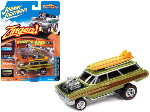 1964 Ford Country Squire Surfin' Lime Metallic with Woodgrain Panels and Surfboard on Roof "Zingers!" Limited Edition to 4788 pieces Worldwide "Street Freaks" Series 1/64 Diecast Model Car by Johnny Lightning