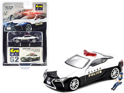 Lexus LC500 Black and White "Japan Police" with Police Officer Figurine Limited Edition to 1200 pieces 1/64 Diecast Model Car by Era Car