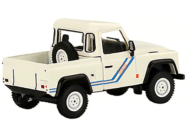 Land Rover Defender 90 Pickup Truck White with Blue Stripes Limited Edition to 3000 pieces Worldwide 1/64 Diecast Model Car by True Scale Miniatures