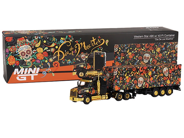 Western Star 49X with 40 Ft Container "Dia de los Muertos" (Day of the Dead) Black with Graphics 1/64 Diecast Model by True Scale Miniatures