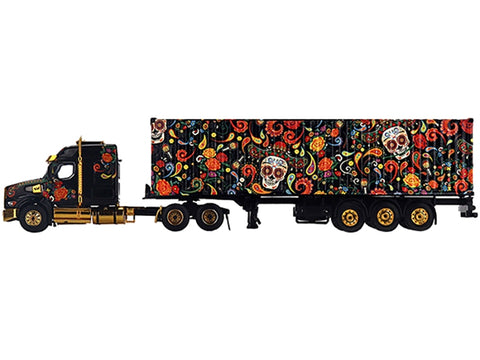Western Star 49X with 40 Ft Container "Dia de los Muertos" (Day of the Dead) Black with Graphics 1/64 Diecast Model by True Scale Miniatures