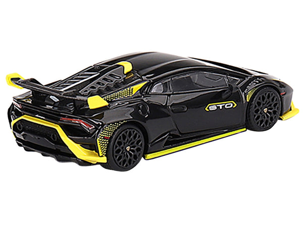 Lamborghini Huracan STO Nero Noctis Black with Yellow Accents Limited Edition to 5400 pieces Worldwide 1/64 Diecast Model Car by True Scale Miniatures