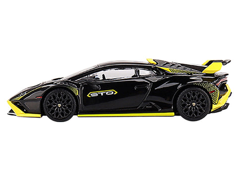 Lamborghini Huracan STO Nero Noctis Black with Yellow Accents Limited Edition to 5400 pieces Worldwide 1/64 Diecast Model Car by True Scale Miniatures