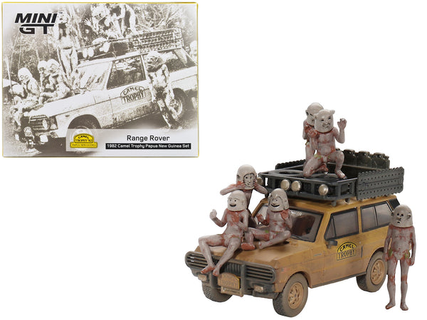 Range Rover with Roofrack Tan (Dirty Version) "Camel Trophy - Papua New Guinea Team USA" (1982) with "Papua New Guinea Asaro Mudmen" 6 piece Figure Set 1/64 Diecast Model Car by True Scale Miniatures